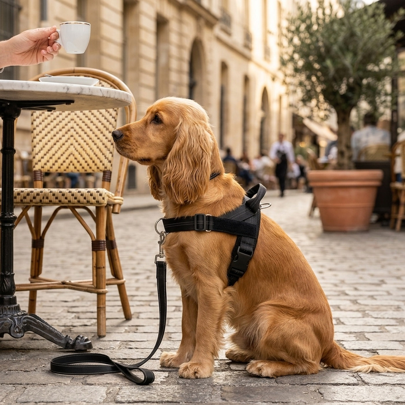 Vue de profil : cocker en terrasse, harnais Callys en T avec anneau frontal, poignée dorsale et boucle