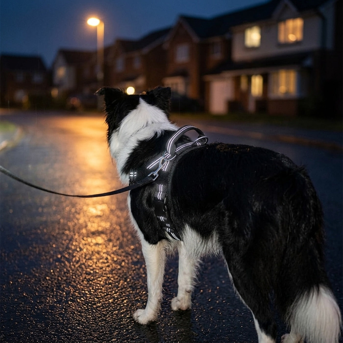Vue de dos, la nuit : poignée dorsale, anneau et coutures réfléchissantes du harnais Callys sur un border collie